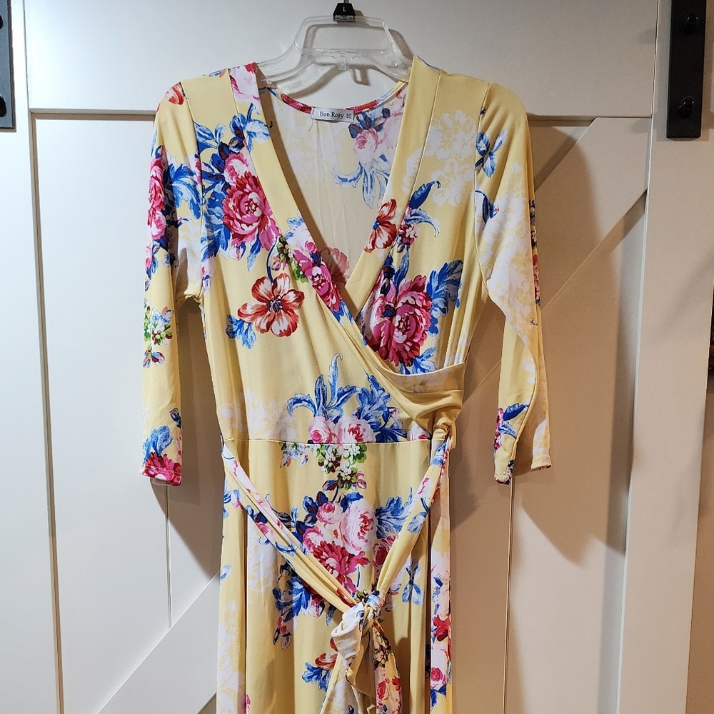 Bon Rosy Women's 3/4 Sleeve V-Neck Printed Maxi Faux Wrap Floral Dress